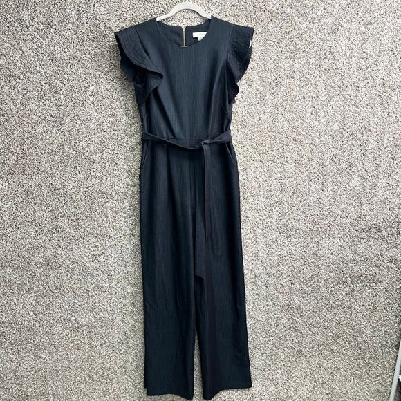 Calvin Klein Jumpsuit Women’s 4 Short Ruffle Sleeve Dark Chambray Straight Leg - Picture 2 of 10